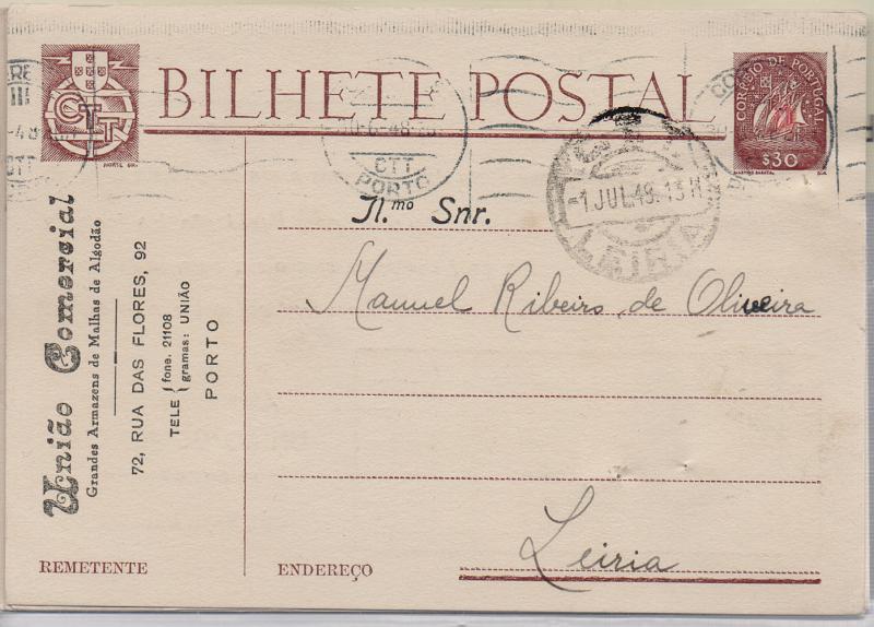 2139 v.jpg -     Lote:    2139 (verso)      Lotes pelo Correio              Descrição:         1943/49 &mdash; Caravela. Lote composto por 2 inteiros de $30 OM98 circulados e repicados pela UNIÃO COMERCIAL + 4 inteiros de $50, OM116, circulados e repicados por COSTA & MOREIRA, SUCRES, LDA.        IC       Valor Base:     &euro; 5,00     Valor Venda:     &euro;      